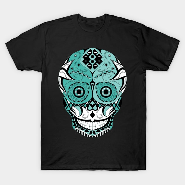 death with a mexican smile ecopop art in floral day of the dead pattern catrina T-Shirt by jorge_lebeau